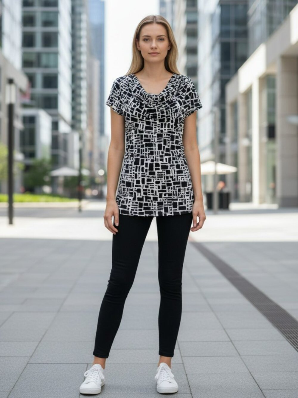 Ricki's‎ Black Geometric Design Short Sleeve Top with Draped Neckline - Size M